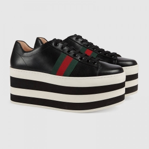 476783 GUCCI �ڰ�ɫ���Ʒ�ˮ̨ �޶�֯�� Ƥ�� �˶�Ь ��ɫ